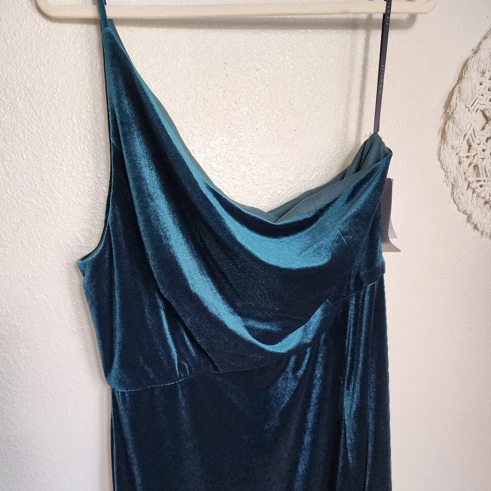 After Six One-Shoulder Spaghetti Strap Velvet Maxi Dress In Everg…